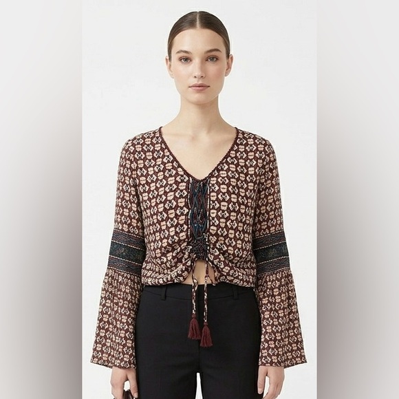 Angie Tops - Angie Boho Bell Sleeve V-Neck Geometric Ruched Blouse Maroon & Cream Size S/M